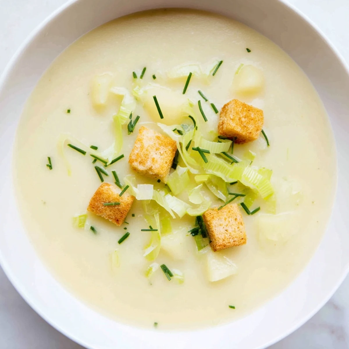 Creamy Quick & Simple Potato and Leek Soup swirled in a bowl, showing the perfect texture before serving.