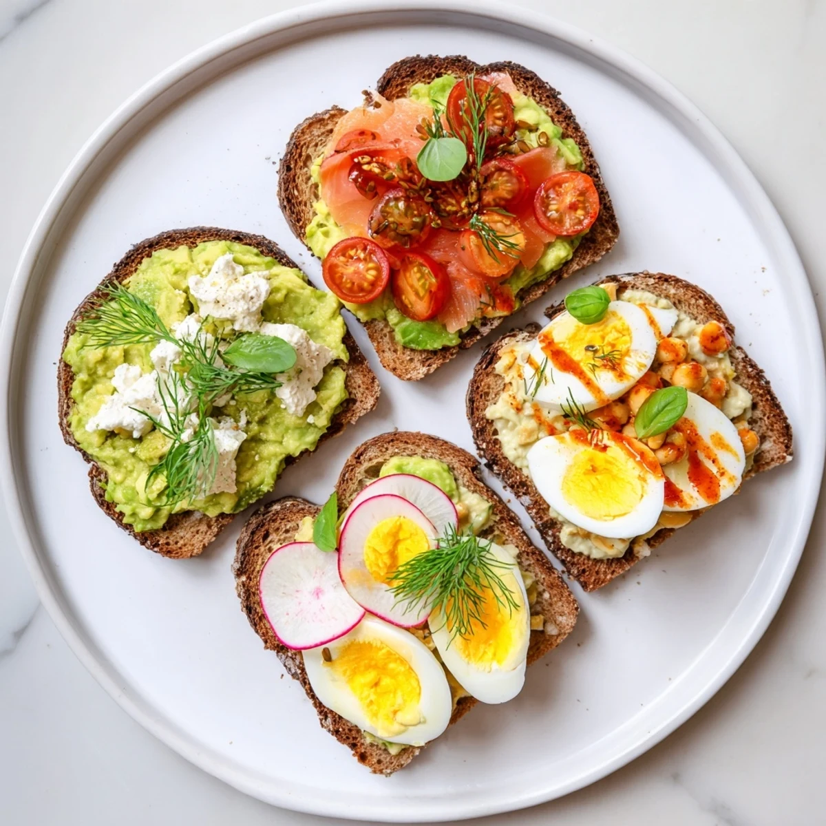 Slices of sourdough loaded with avocado toast variations, each boasting unique, flavorful toppings.