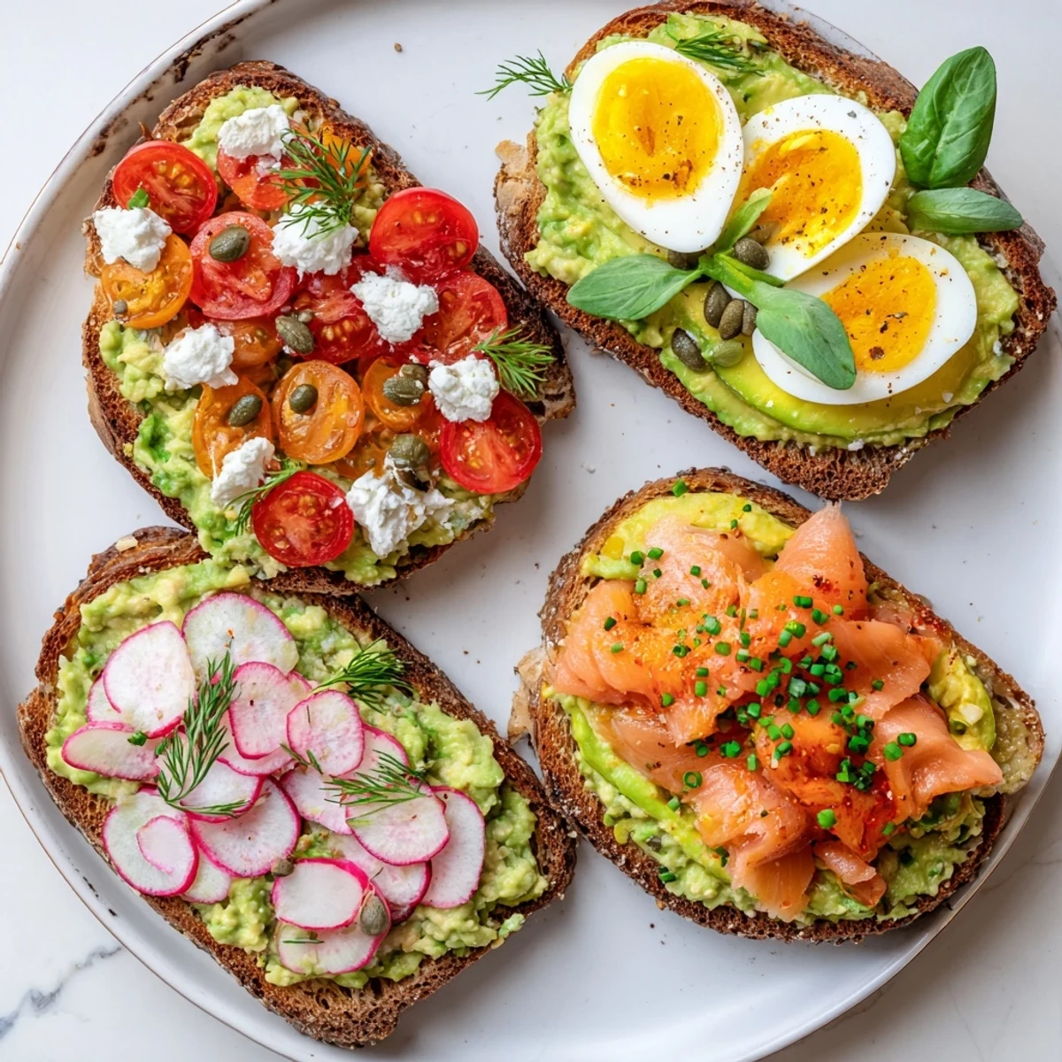 Creamy avocado toast, topped with fresh basil and tomatoes in this vibrant, colorful photo.