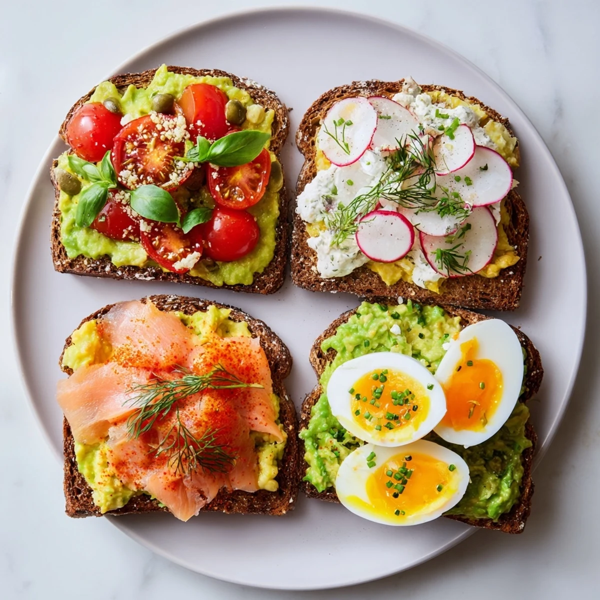 A close-up of a platter showcasing four delicious avocado toast recipes with fresh ingredients.