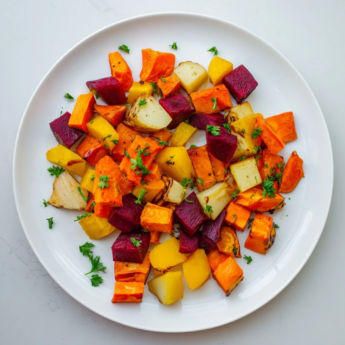 Golden-brown Roasted Root Vegetable Medley glistening with balsamic glaze, a perfect vegetarian side.
