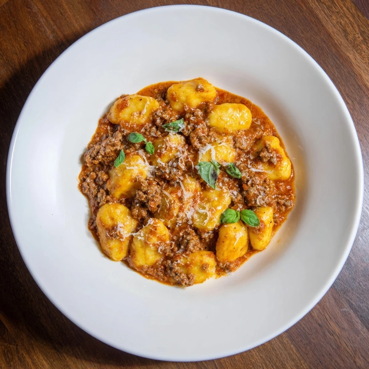 A close-up of the flavorful creamy tomato and sausage gnocchi, bubbling gently in a skillet, delicious aroma.