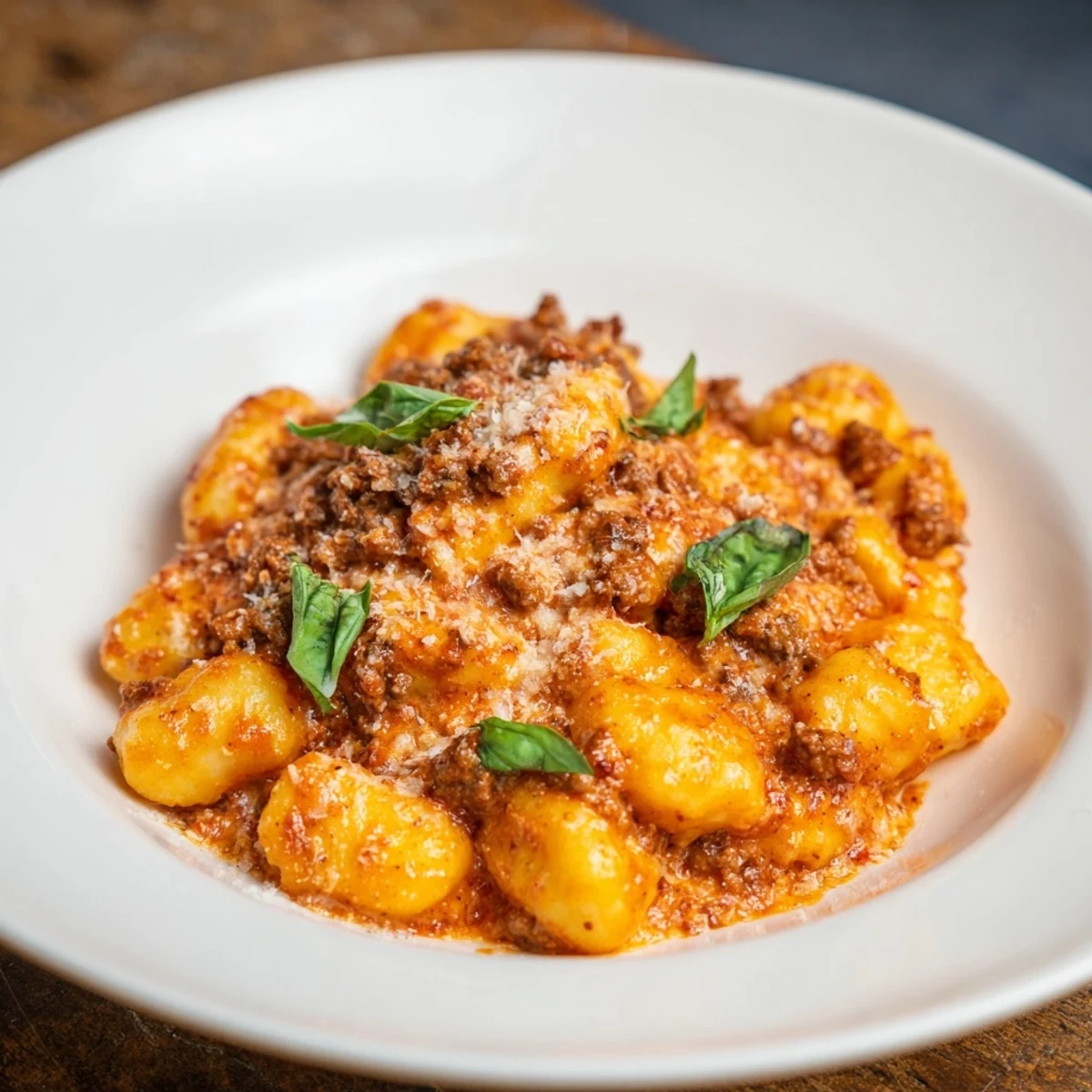 Steaming creamy tomato and sausage gnocchi, a hearty Italian dinner, ready to serve and enjoy.