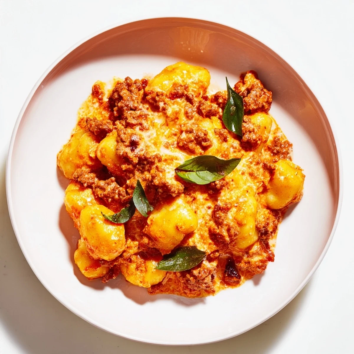 Freshly made creamy tomato and sausage gnocchi, topped with basil, a satisfying Italian comfort meal.