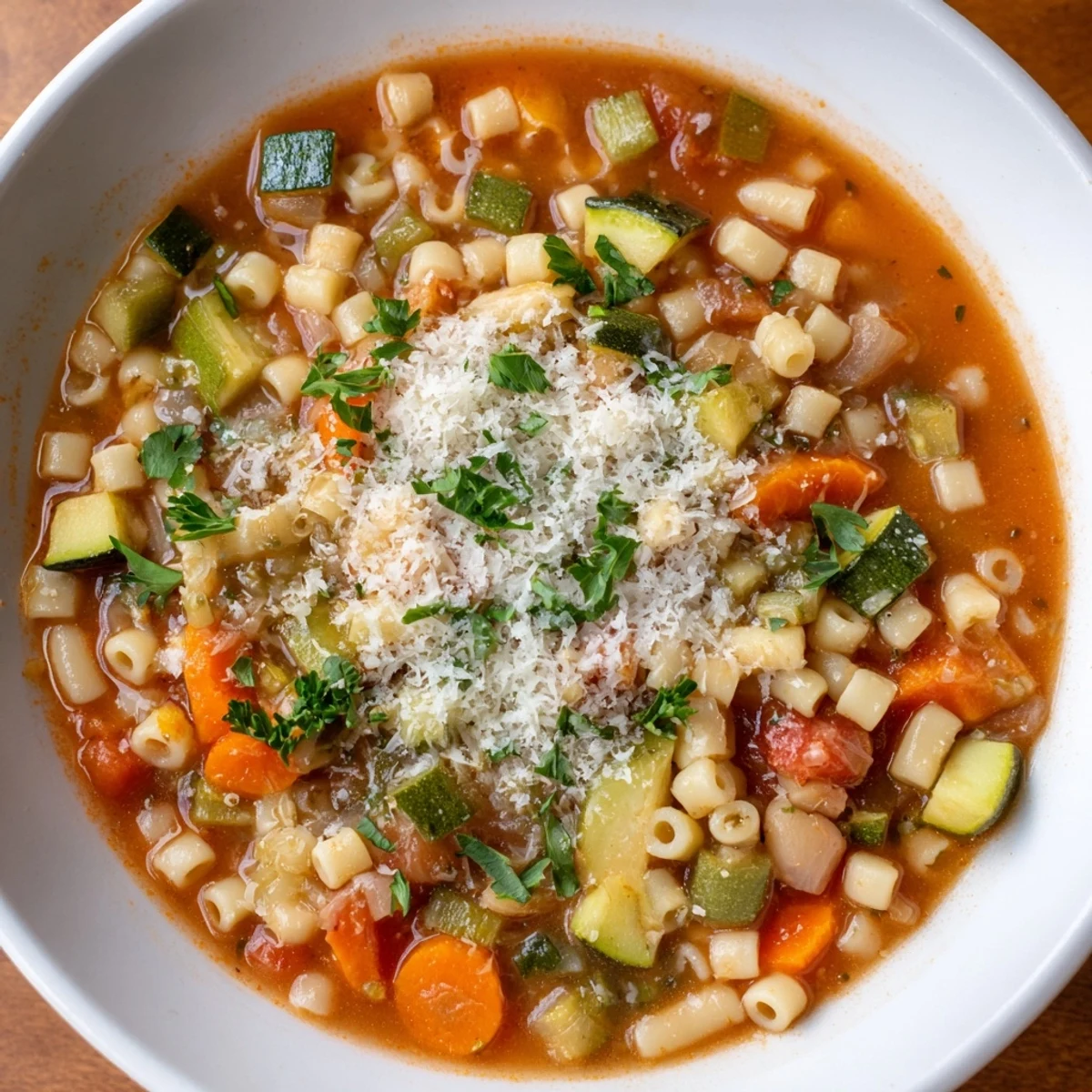 Steaming bowl of Simple One-Pot Minestrone Soup, ready to serve with Parmesan and fresh parsley.