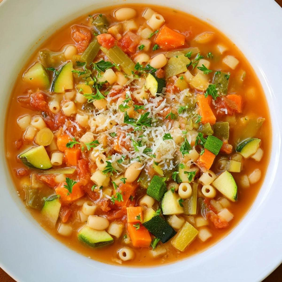 Close-up of hearty, flavorful Simple One-Pot Minestrone Soup with vegetables, pasta and beans.