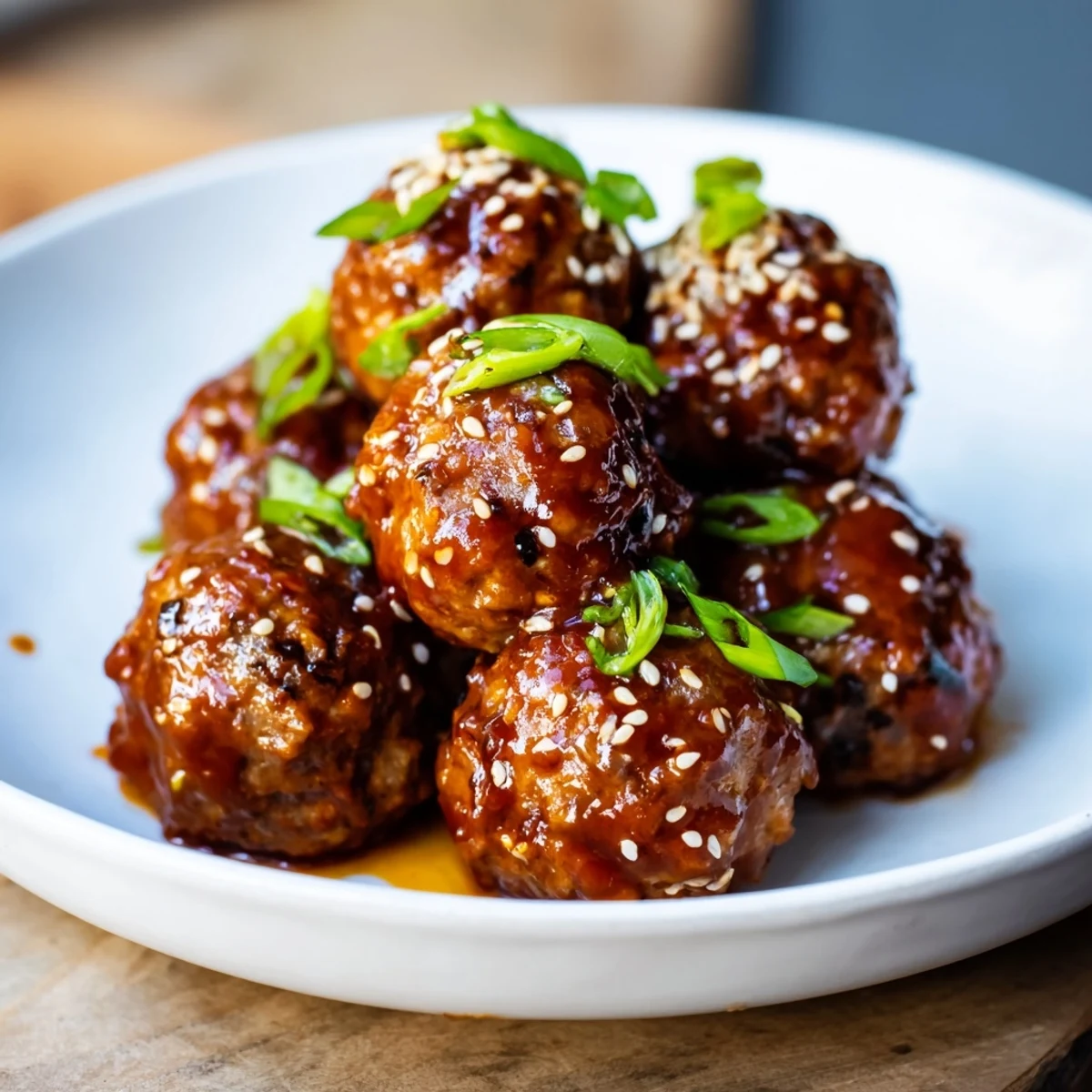 Savory Spicy Sriracha Honey Meatballs, glistening in a sweet glaze, ready to serve with sesame seeds.