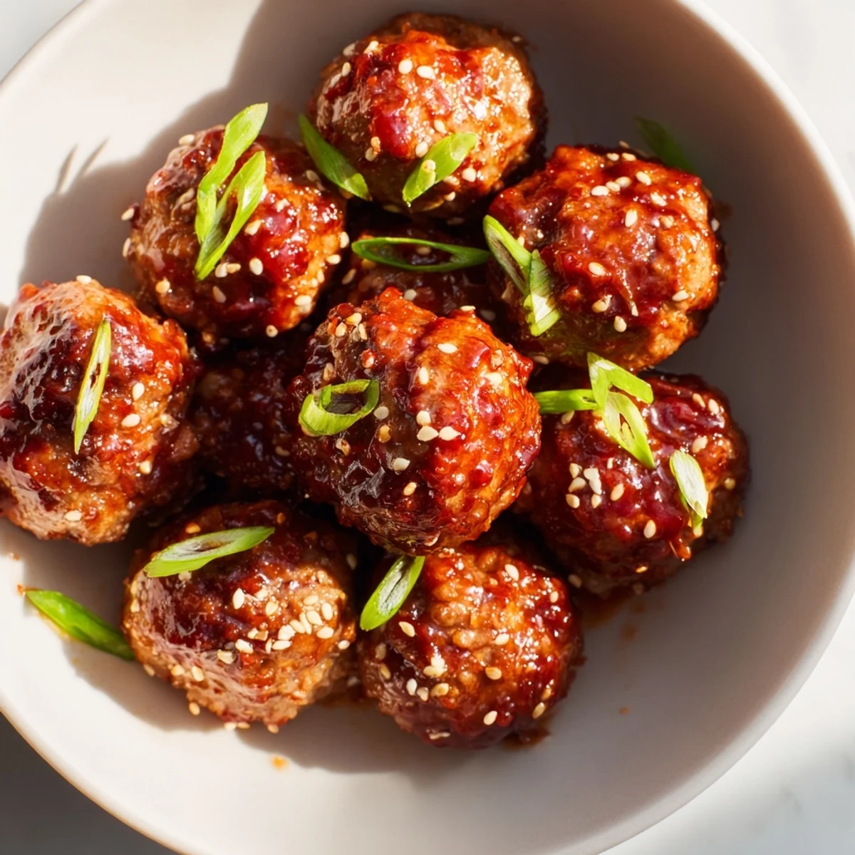 Warm serving platter of glistening Spicy Sriracha Honey Meatballs garnished with green onions and sesame seeds.
