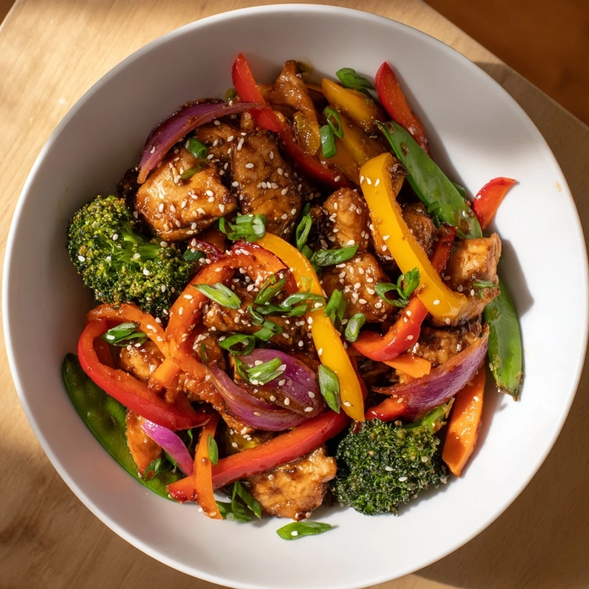 Sheet Pan Chicken Stir-Fry: a colorful medley of chicken and vegetables, glistening with savory sauce.