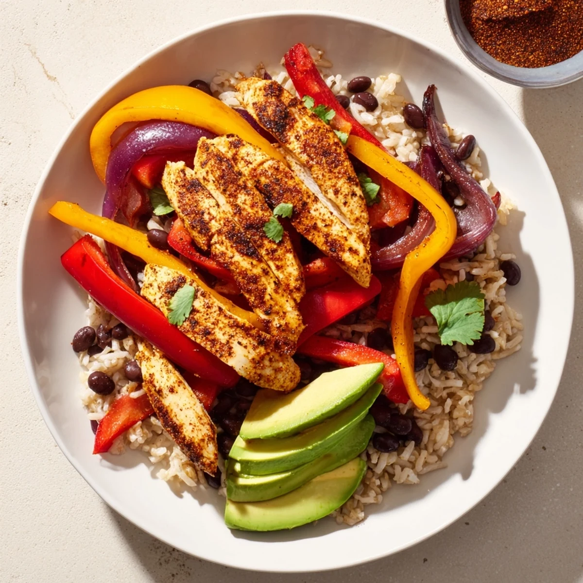 Healthy Make-Ahead Chicken Fajita meal prep bowls, starring seasoned chicken, black beans, and fresh toppings for lunch.