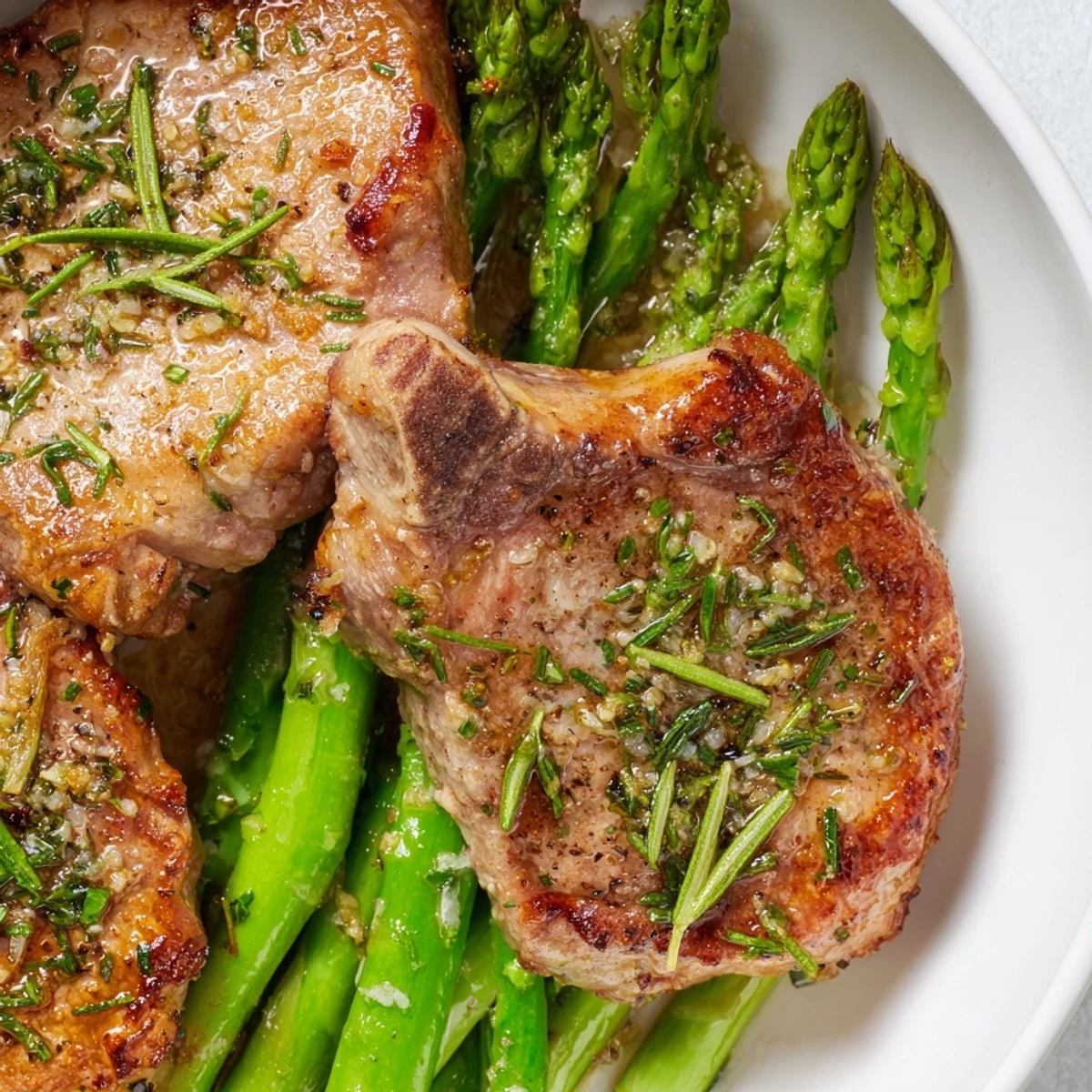 Golden-brown One-Pan Lemon Herb Pork Chops with asparagus, sizzling in a skillet, ready to serve.