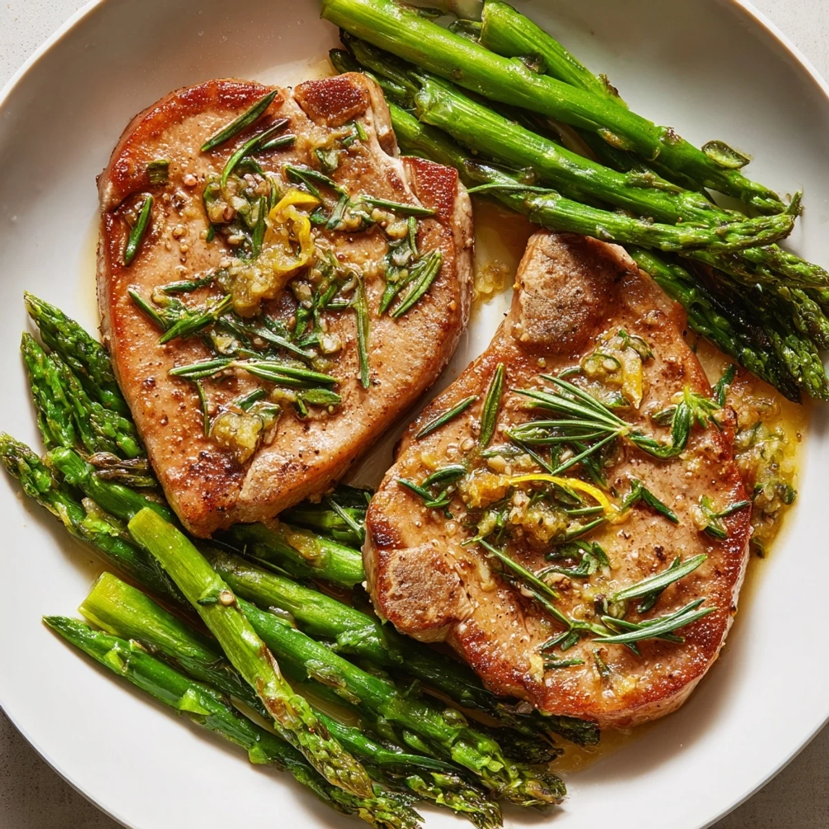 Tender, juicy One-Pan Lemon Herb Pork Chops with roasted asparagus, perfect for a flavorful weeknight dinner.