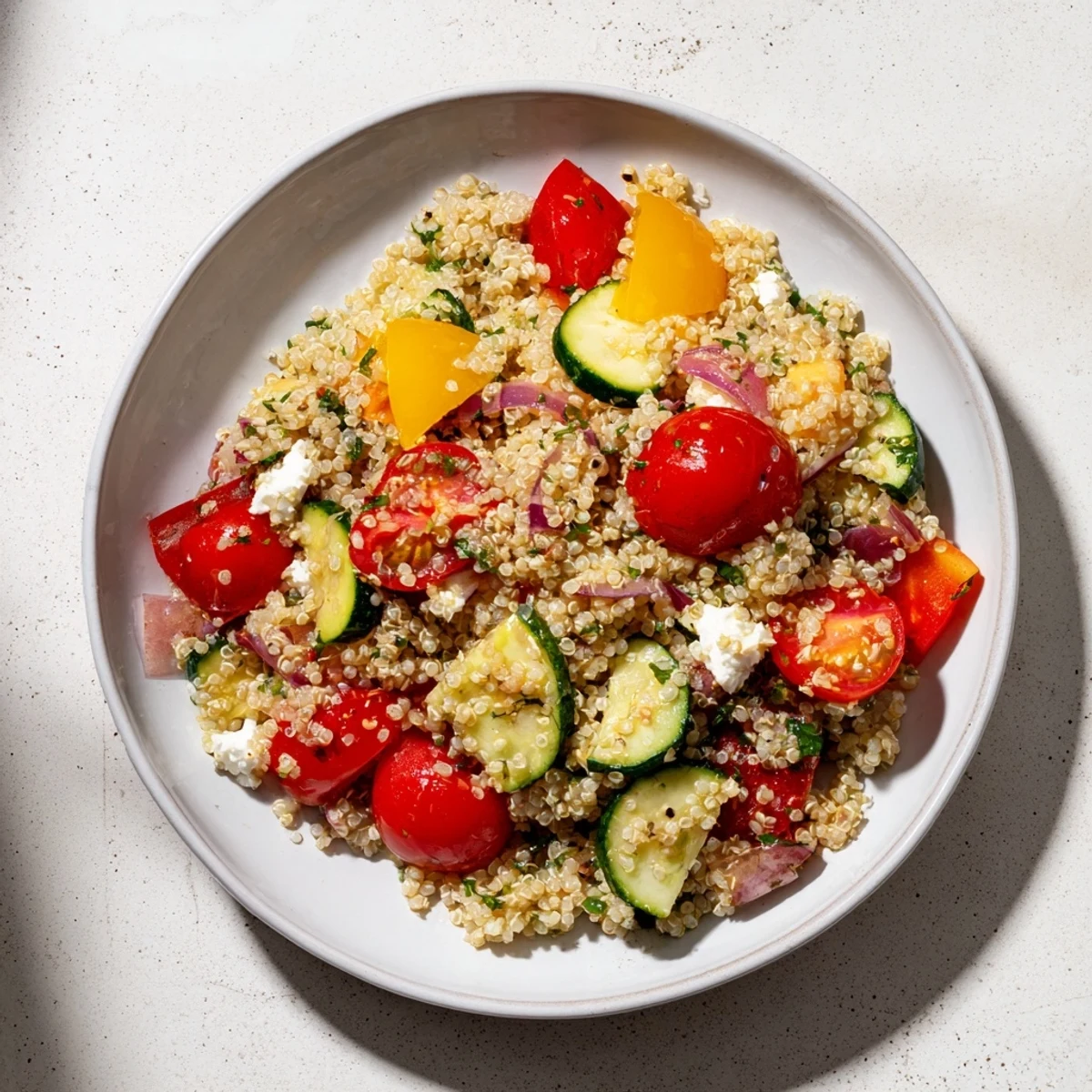 Make-Ahead Quinoa Salad with lemon vinaigrette, bright and colorful, ready for a healthy lunch.
