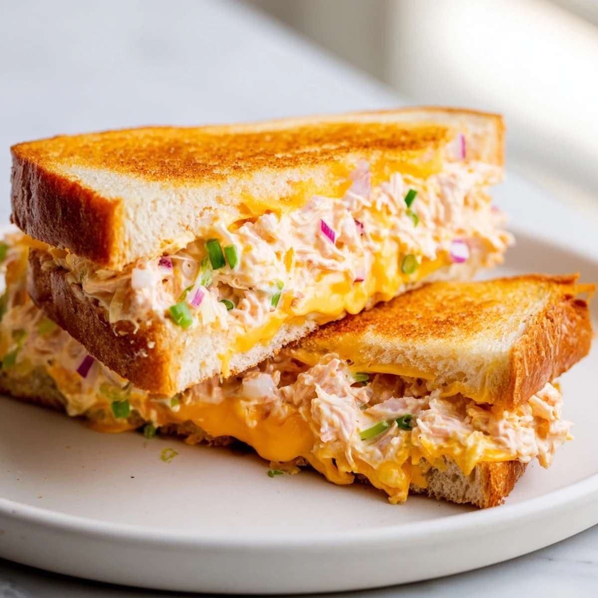 A toasted Classic Tuna Melt Sandwich, oozing melted cheese and creamy tuna salad spilling out.
