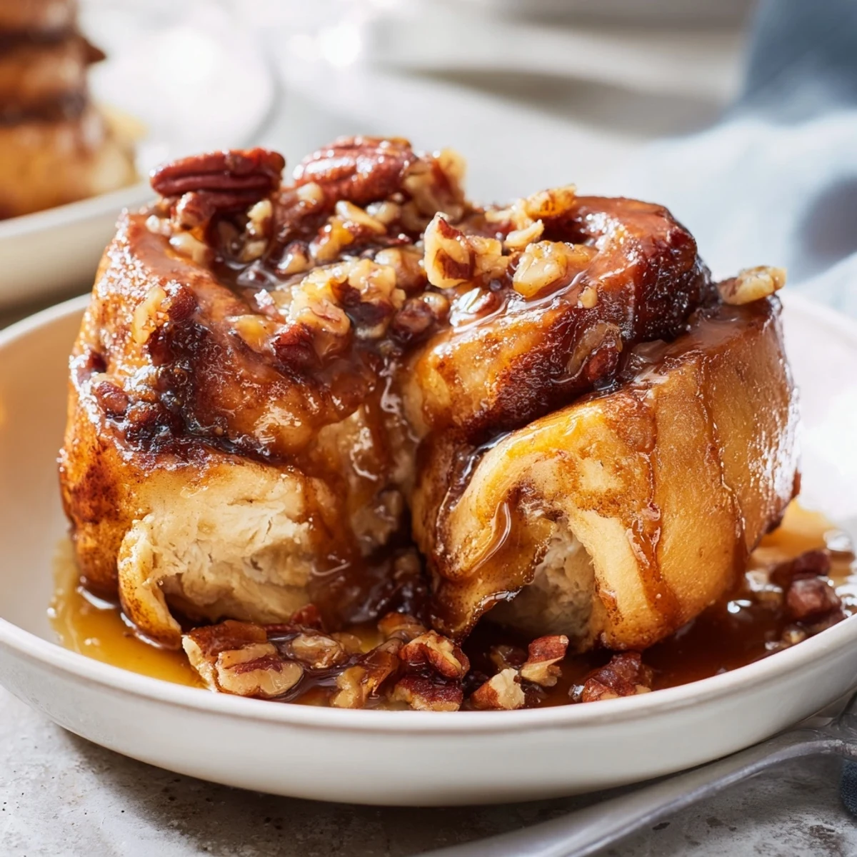 Golden, bubbly Pecan and Honey Sticky Buns, showcasing a rich caramel glaze and toasted pecans.