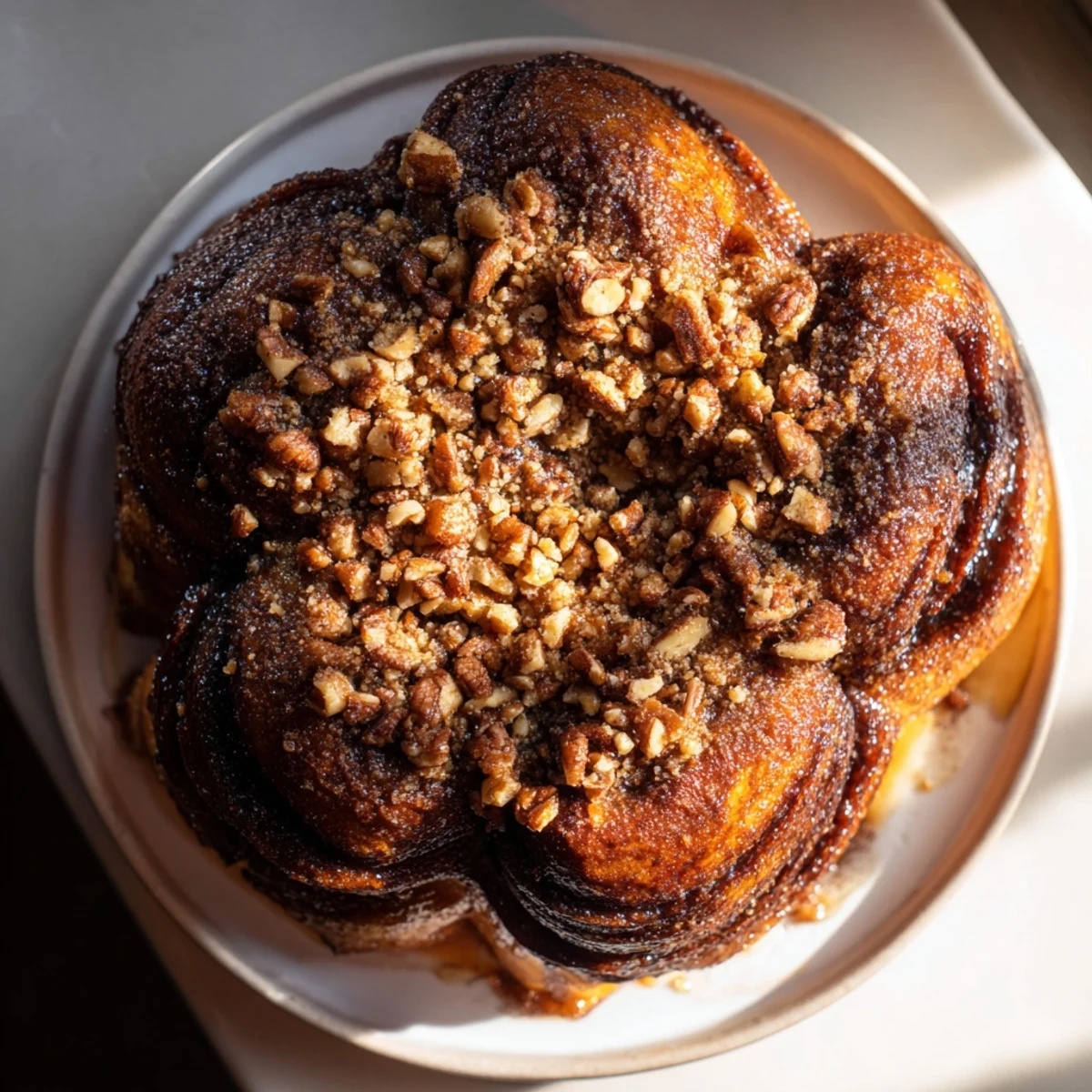 Close-up of freshly baked Pecan and Honey Sticky Buns with sticky caramel, perfect for brunch.