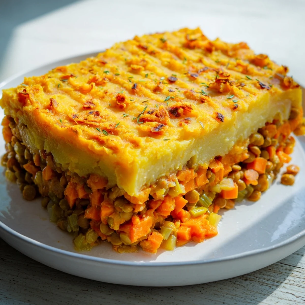 Golden-brown crust tops the savory Hearty Lentil Shepherds Pie, filled with vegetables and lentils.