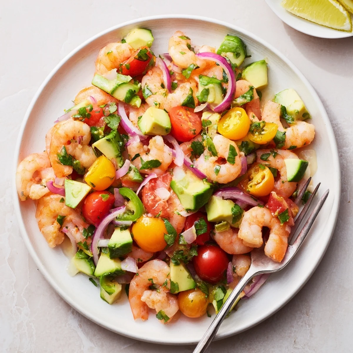 Vibrant and fresh shrimp ceviche, bursting with citrus flavors, perfect for a refreshing appetizer or light meal.