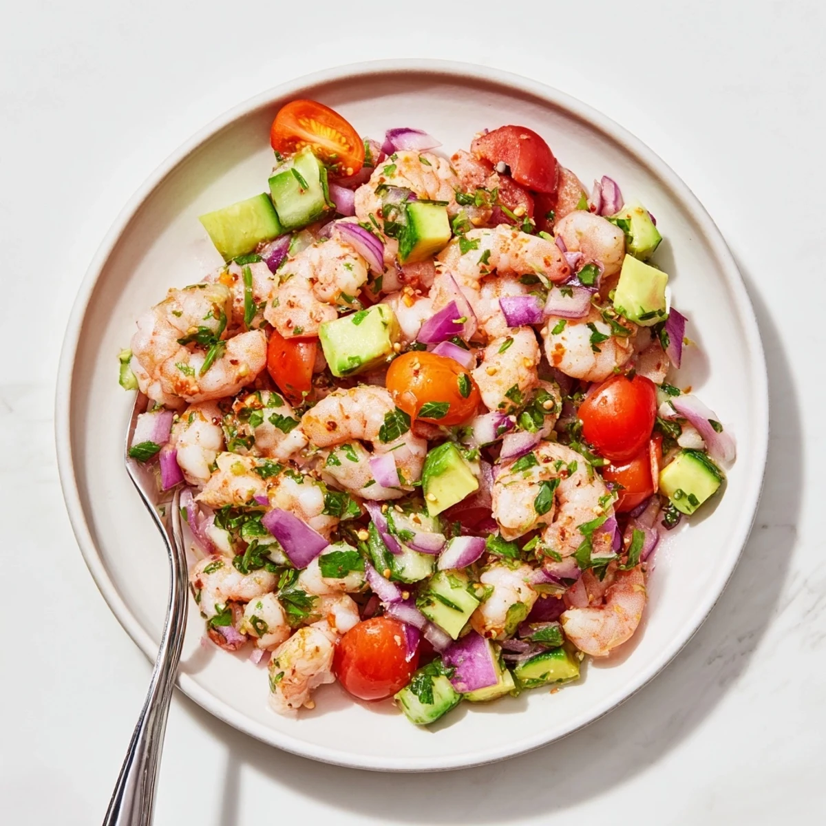 Bright, colorful shrimp ceviche featuring tender shrimp, juicy tomatoes, and avocado, ready to serve with chips.