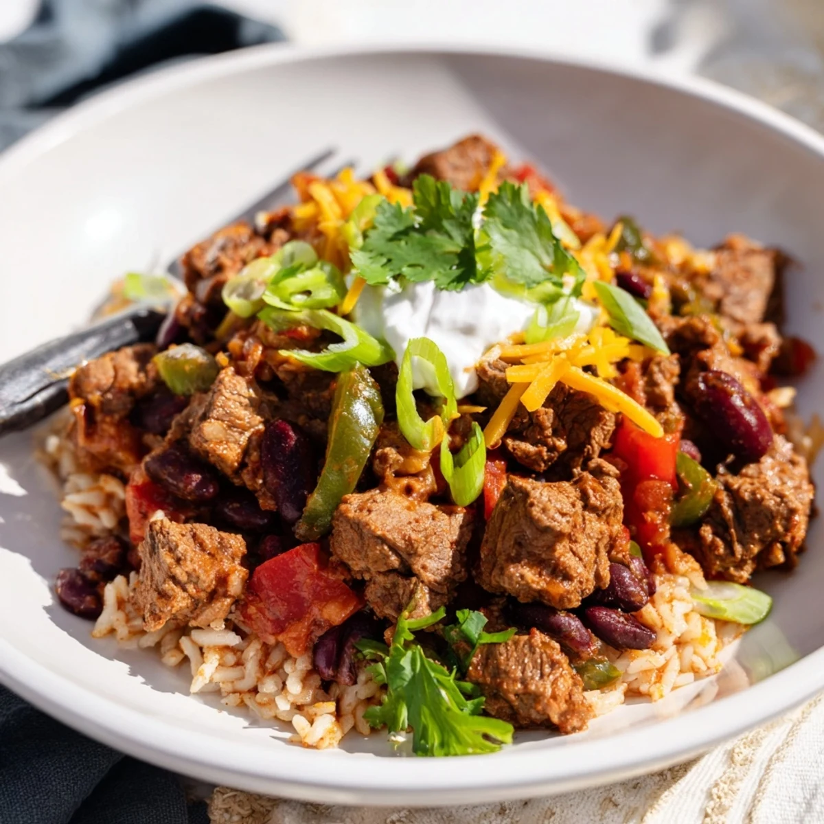 Chunks of beef simmering in Winter Warming Chili con Carne, creating a thick, savory, comforting stew.