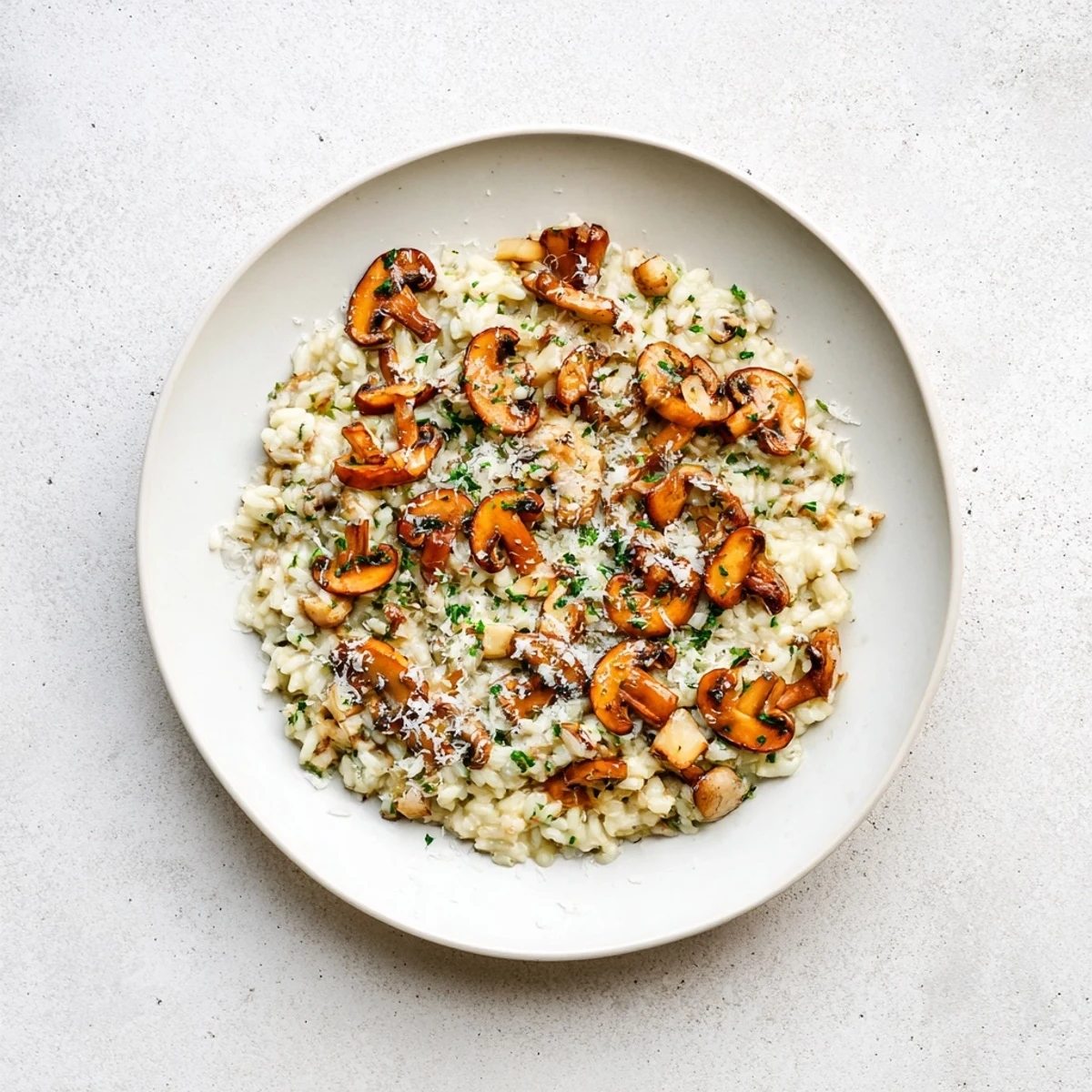 Warm, creamy Stove-Top Risotto, a comforting Italian meal, garnished with fresh parsley and Parmesan.