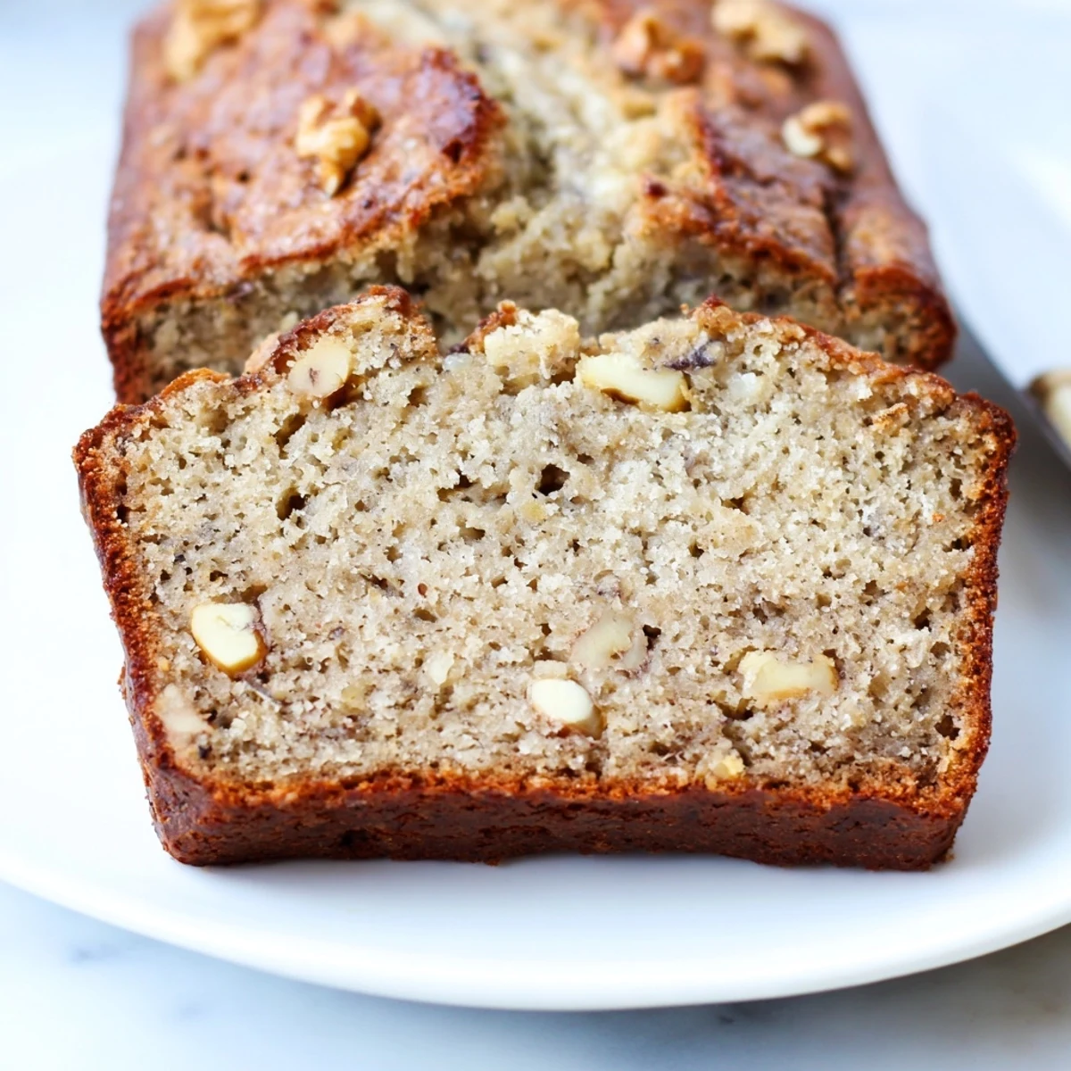 A warm slice of Simple Banana Bread, golden brown with a tender, moist interior.
