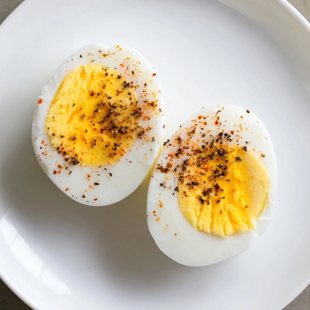 A close-up of Perfect hard-boiled eggs, showing their smooth, white exterior and a creamy center.