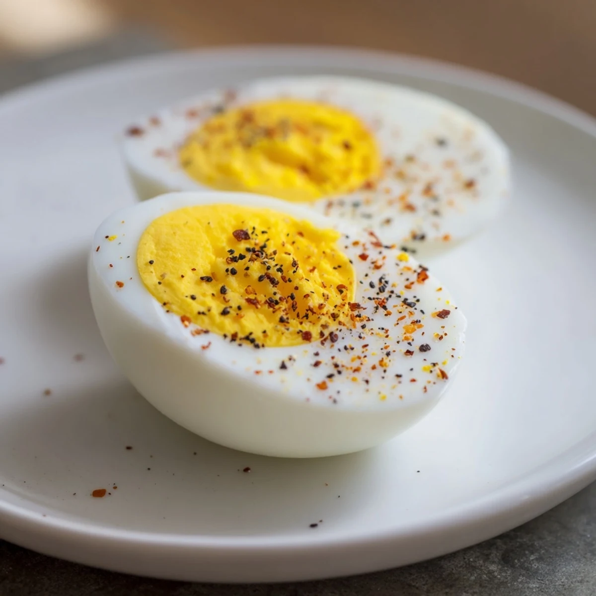 Freshly peeled Perfect hard-boiled eggs, perfectly cooked and served with a sprinkle of salt.