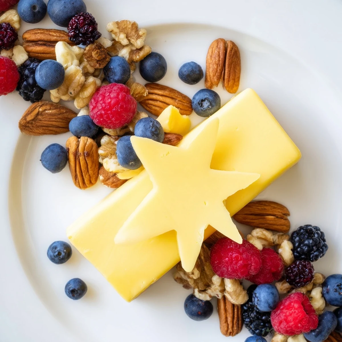 A Shooting Star Cheese Board overflowing with colorful berries and crunchy nuts, ready to serve.