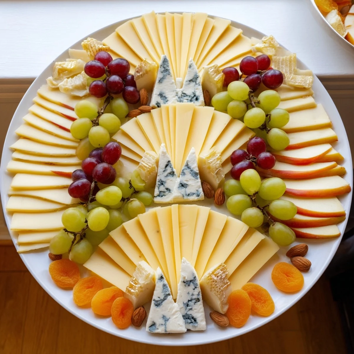Elegant Art Deco Arch Cheese Platter with layered cheeses, grapes, and almonds, a perfect appetizer.