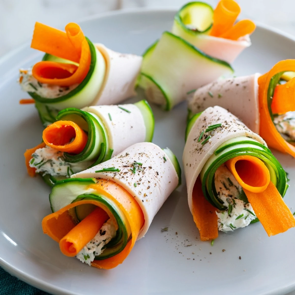 Fresh The Ribbon Dancer appetizer, vibrant carrot and cucumber ribbons around savory turkey, ready to eat.