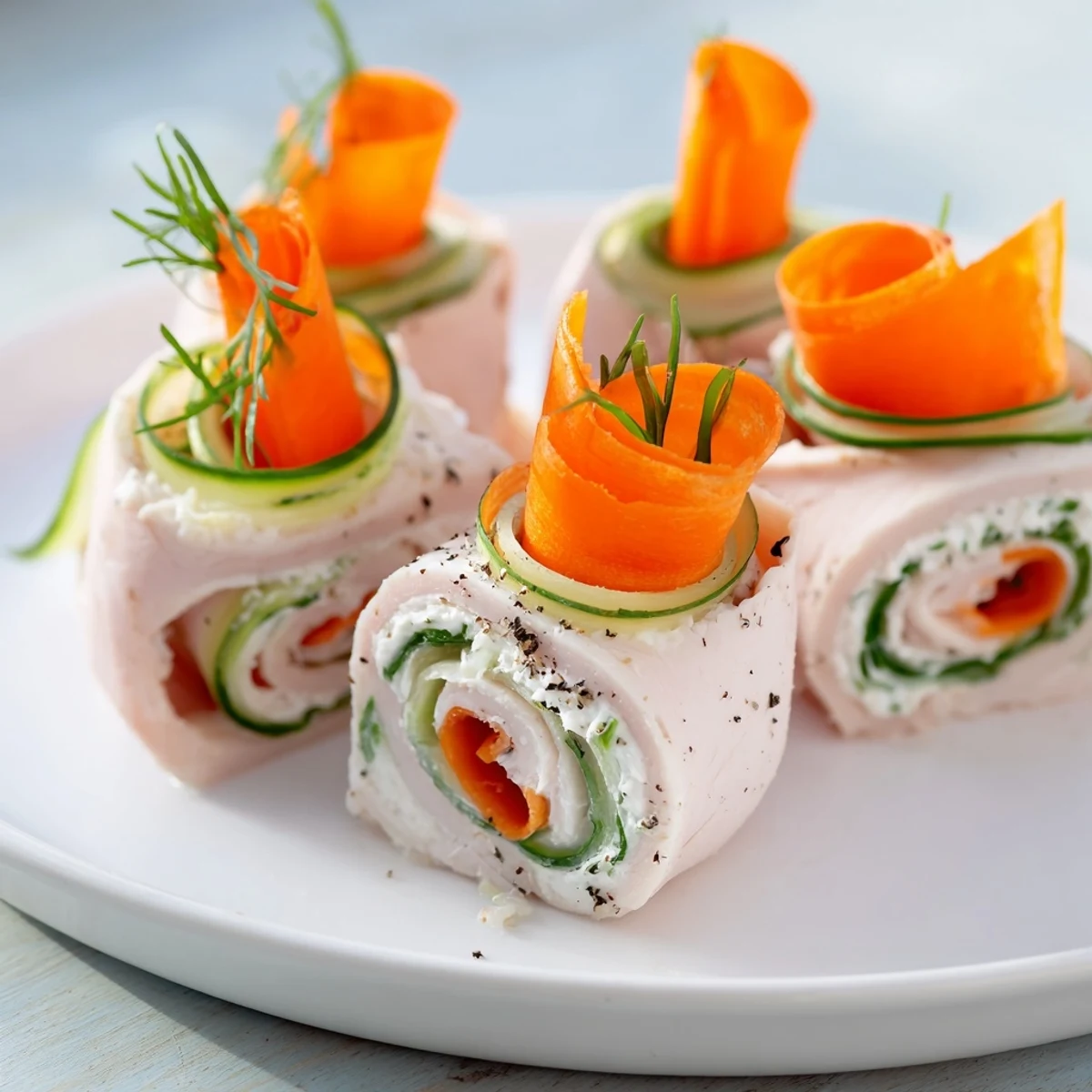 Delicate ribbons of veggies wrap the turkey in this The Ribbon Dancer recipe, a beautiful, light appetizer.