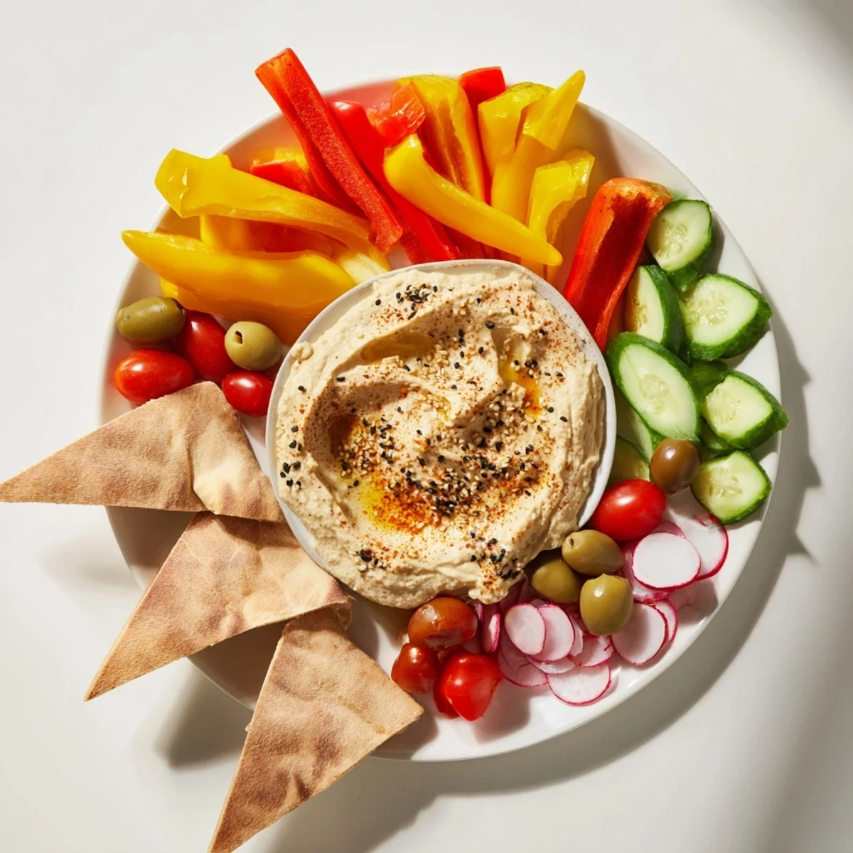 Moroccan Tent appetizer platter: a colorful array of fresh vegetables with creamy dips and pita bread.