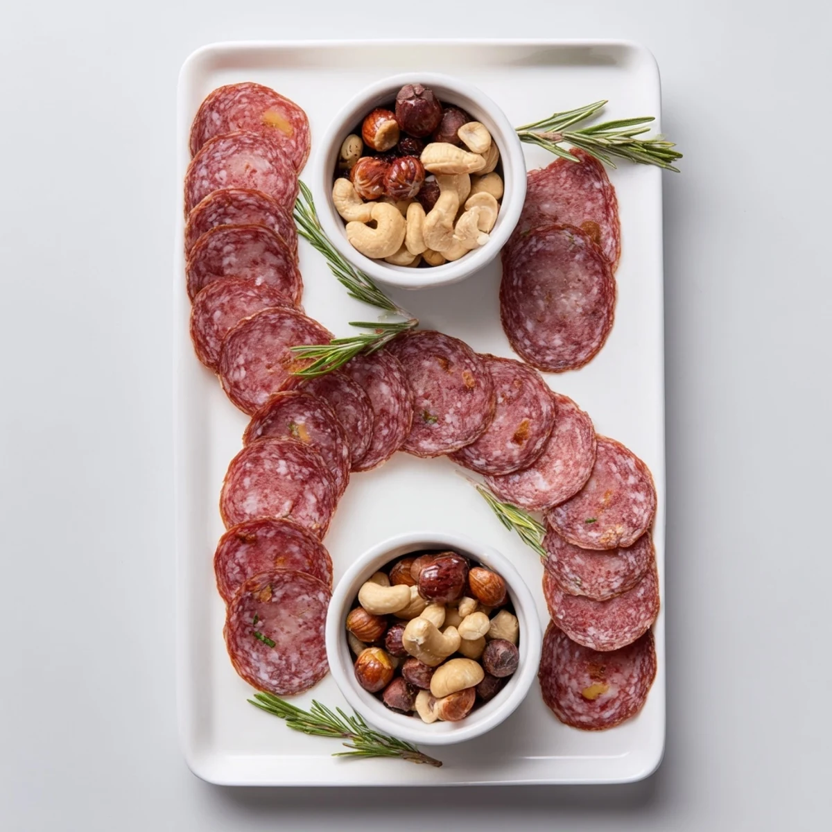 Salami slices create an elegant Infinity Loop appetizer, weaving between nut-filled bowls, ready to eat.