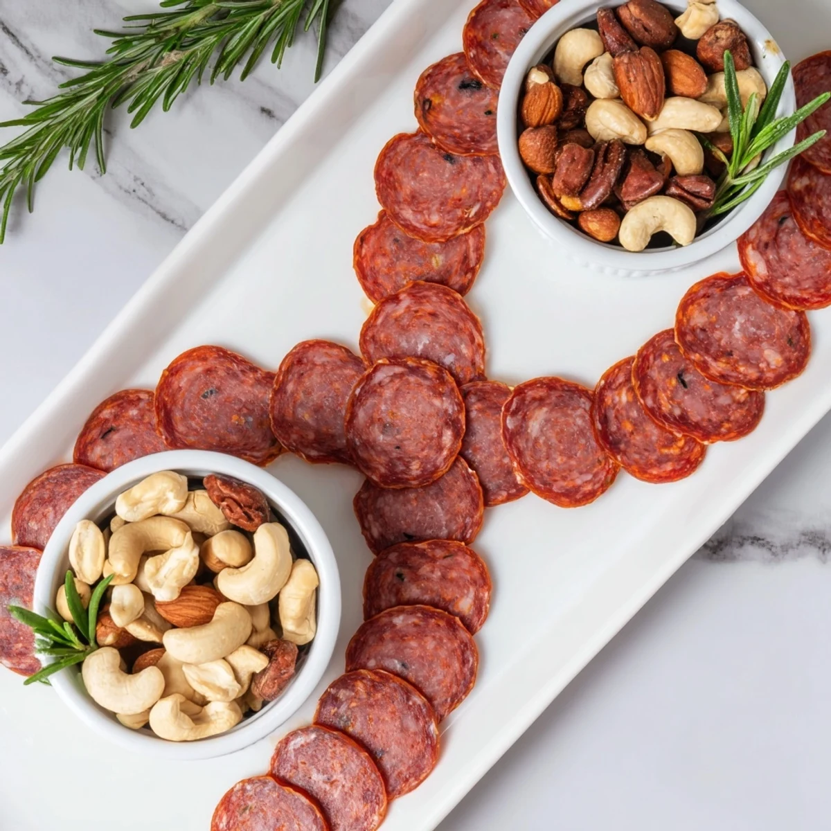 Observe the intriguing Infinity Loop— artfully arranged salami around bowls of nuts, perfect for guests.