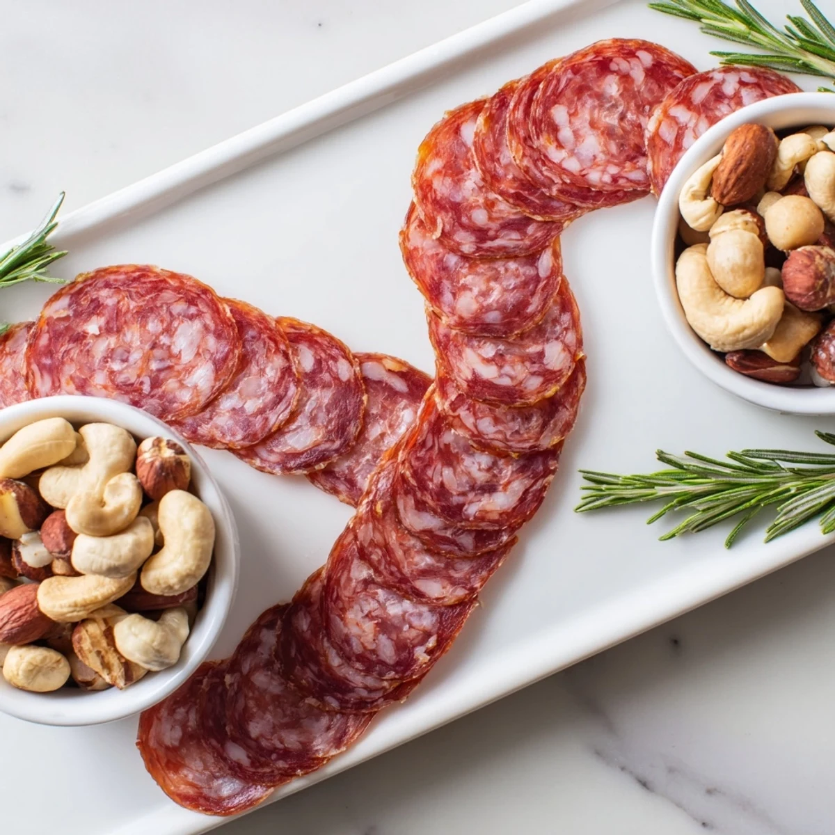 This beautiful photo shows the simple elegance of The Infinity Loop: salami with nuts for serving.