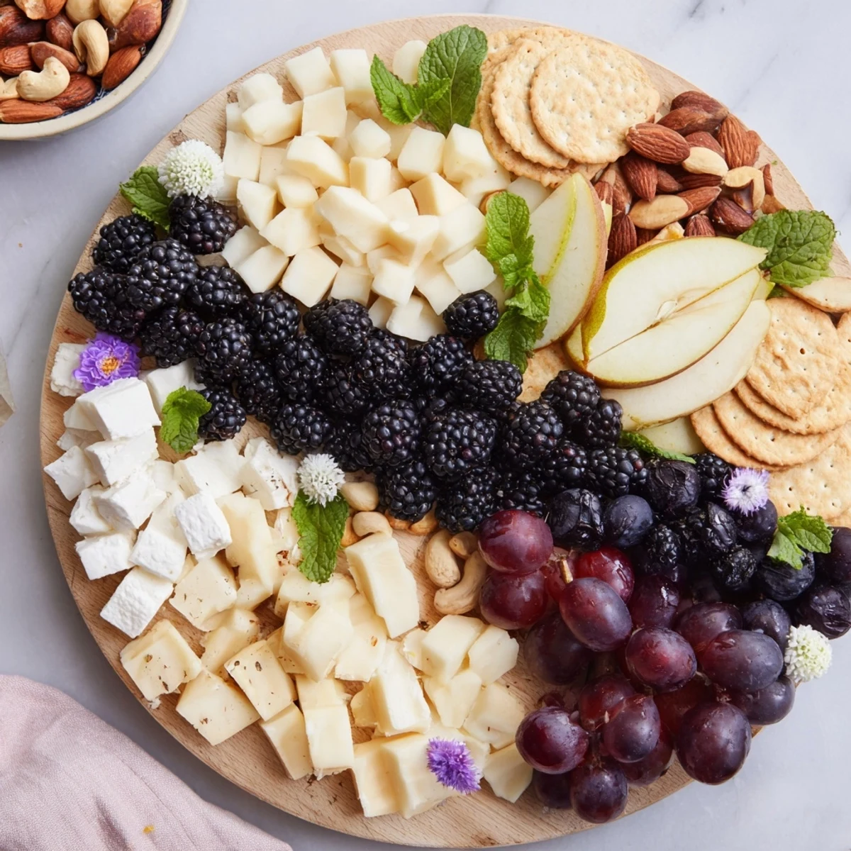 Beautiful Yin Yang Balance cheese board, blackberries splitting the contrasting appetizer bites.