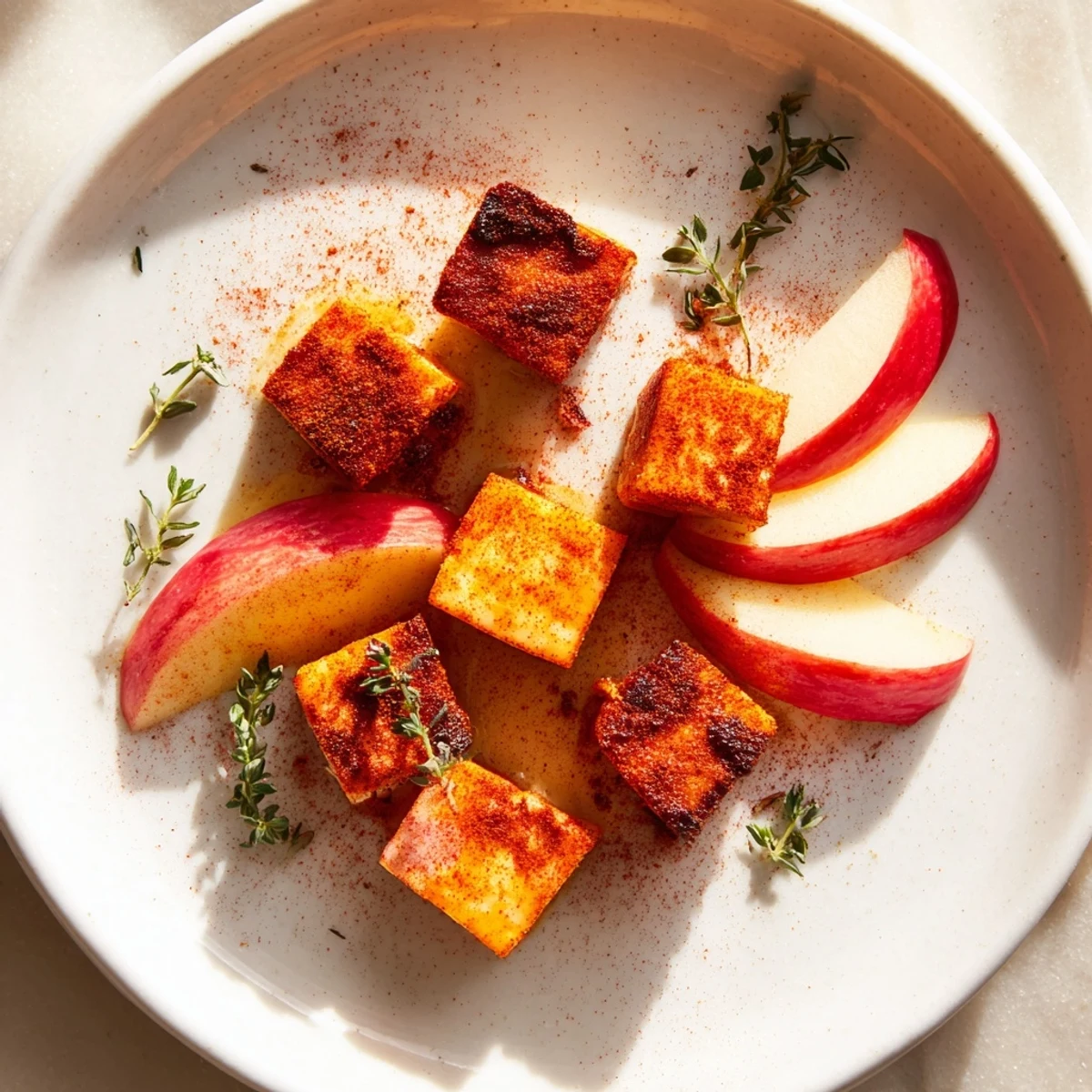 Vibrant The Autumn Ember appetizer: paprika-dusted cheeses with ruby apple wedges, ready to enjoy.