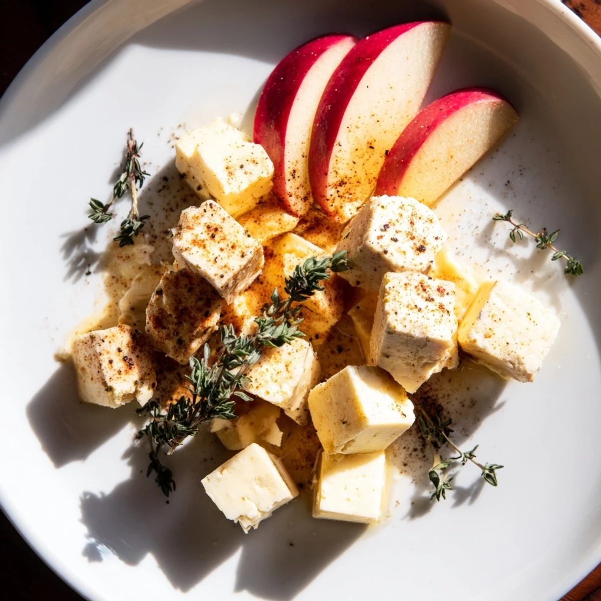Smoked paprika coats the cheeses in The Autumn Ember, a fall appetizer with bright red apples.