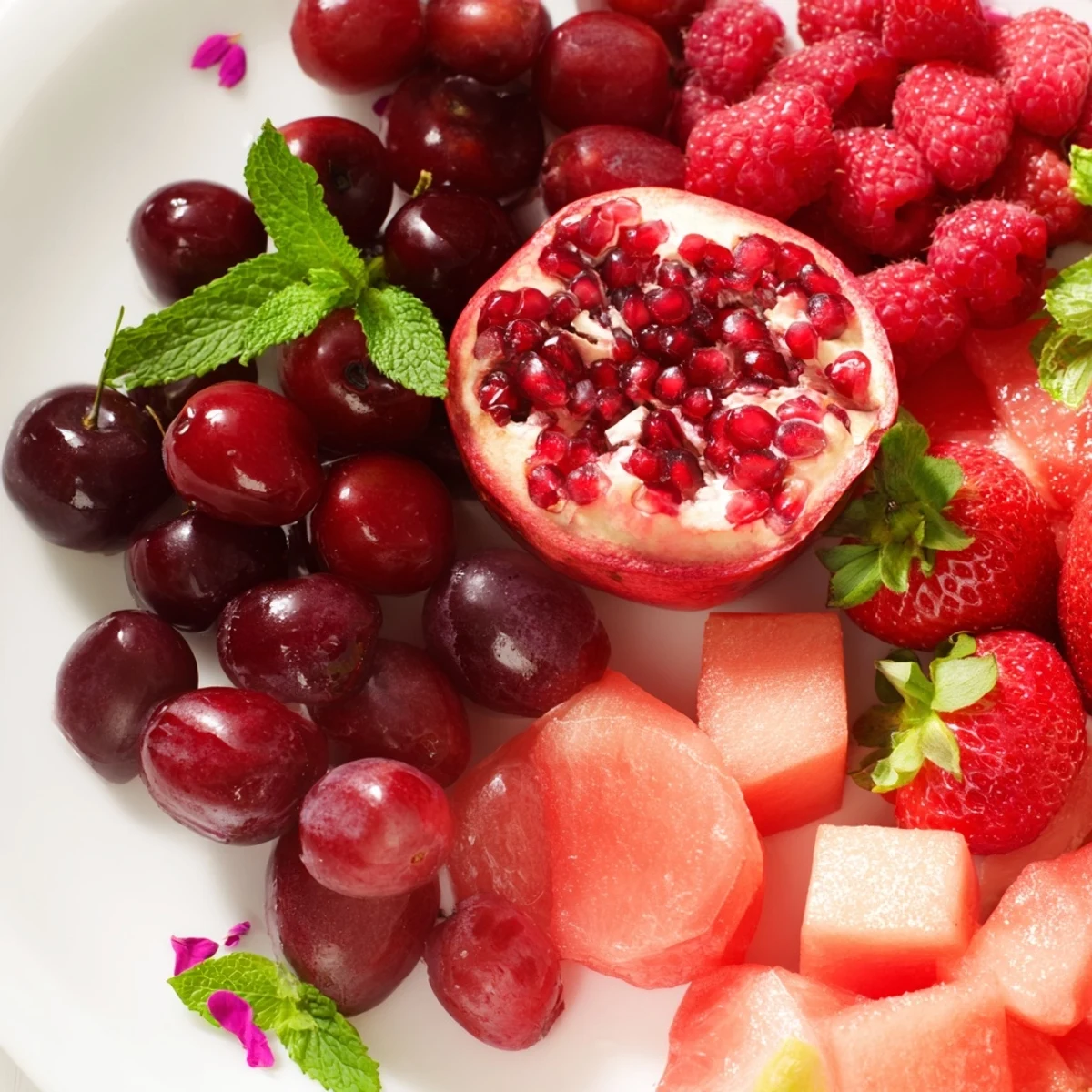 Vibrant Pomegranate Pivot fruit platter: a colorful arrangement featuring ruby-red and pink fruits.