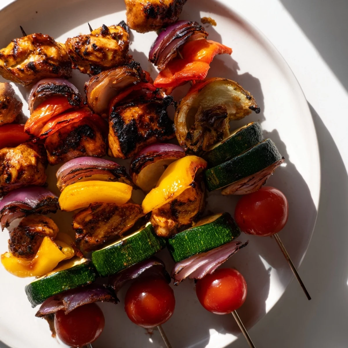Grilled chicken and veggie skewers, featuring colorful bell peppers and juicy chicken pieces ready to serve.