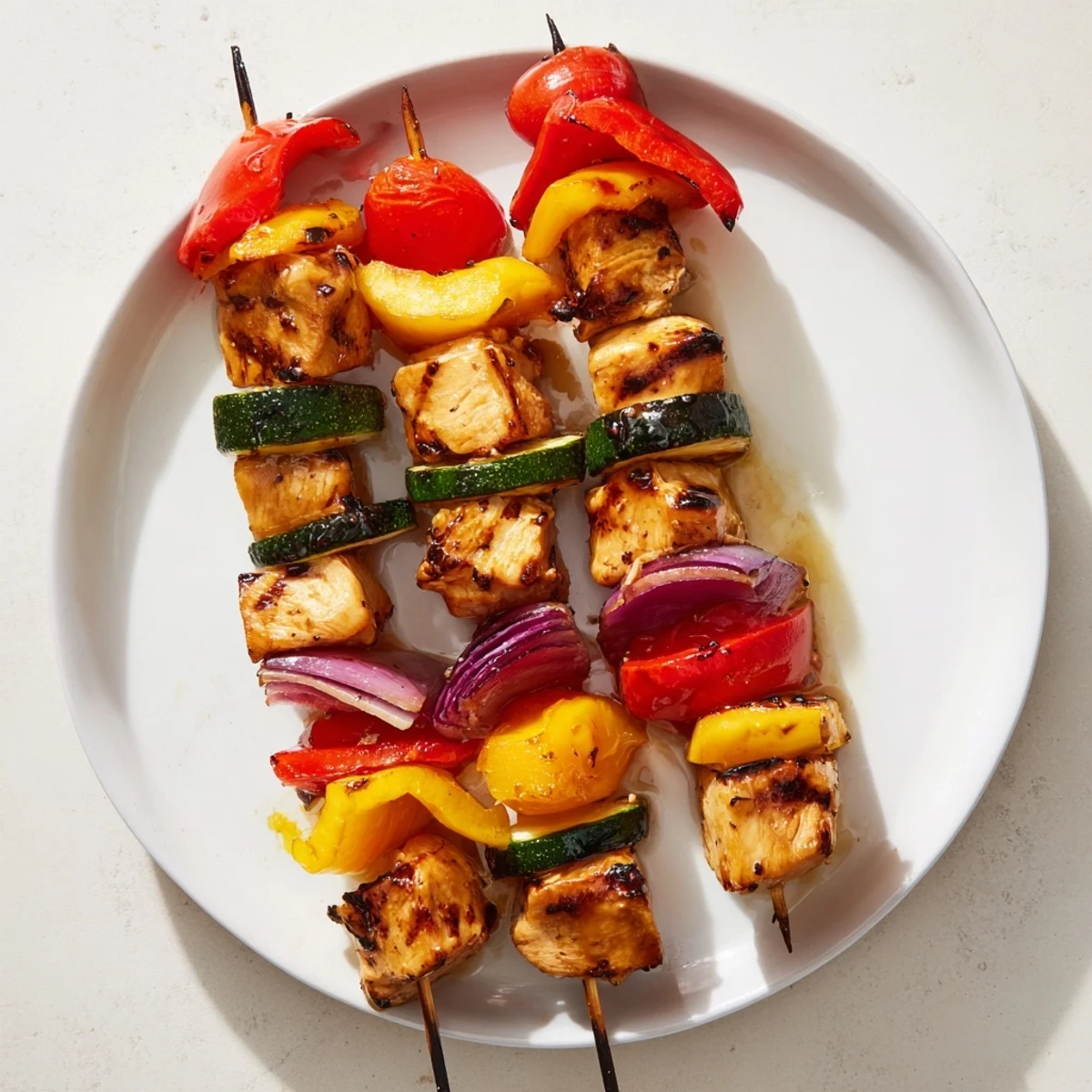 A close-up shot of the delicious chicken and veggie skewers, promising a flavorful, easy weeknight meal.