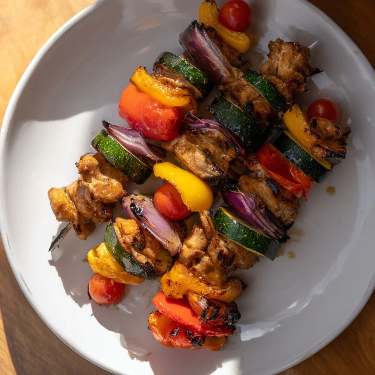 Tender chicken and veggie skewers, glistening with marinade, perfectly grilled for a healthy, vibrant dinner.