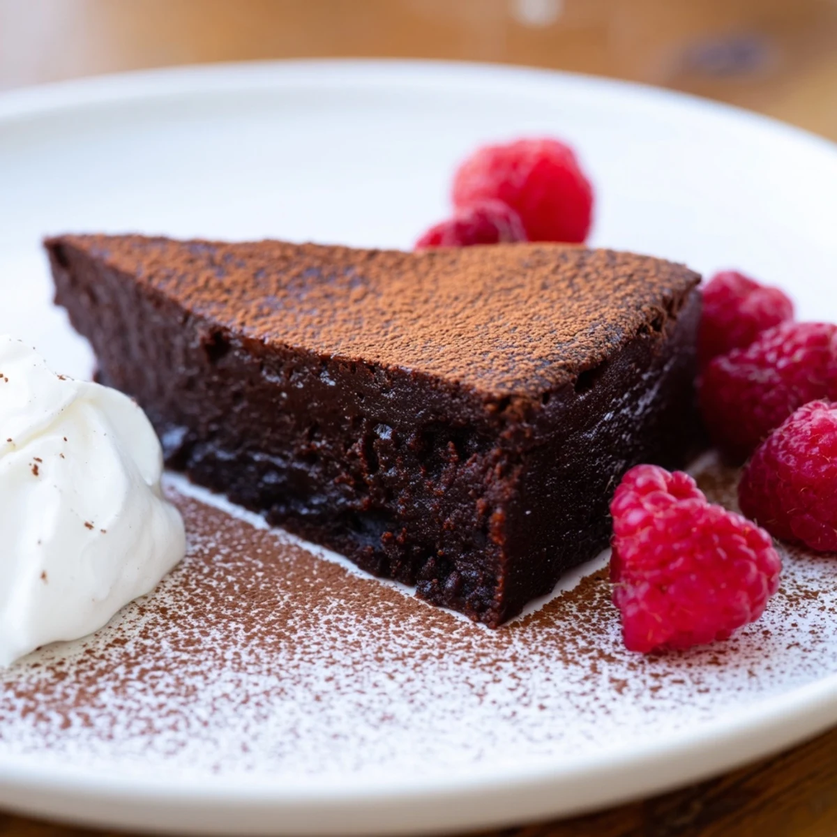 Fudgy slices of decadent flourless chocolate cake, perfect with a dusting of cocoa powder.