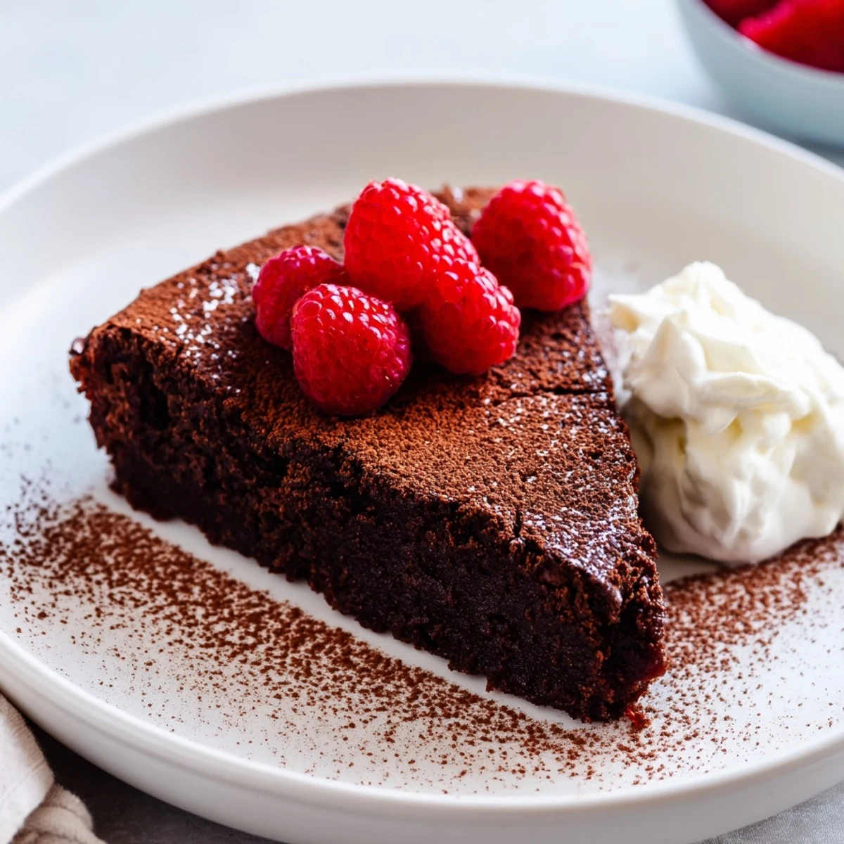 A close-up of a warm, rich decadent flourless chocolate cake topped with fresh berries.