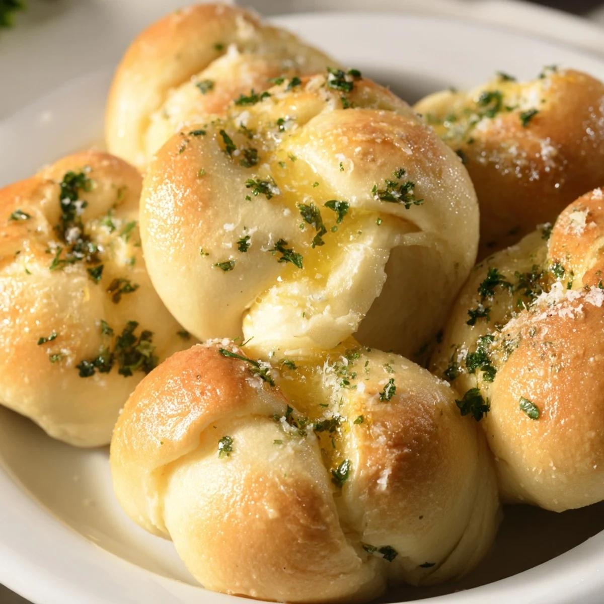 Golden Homemade Garlic Knots glistening with garlic butter, perfect for dipping in marinara.