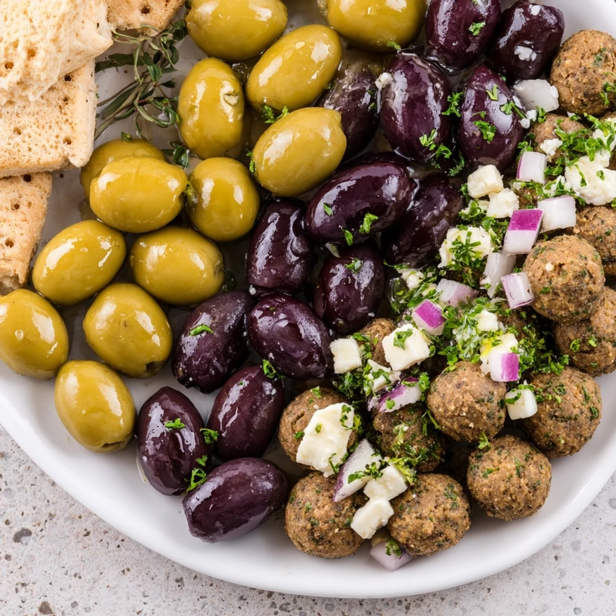 The Cobblestone Courtyard appetizer platter features crackers and olives arranged like a charming European street.