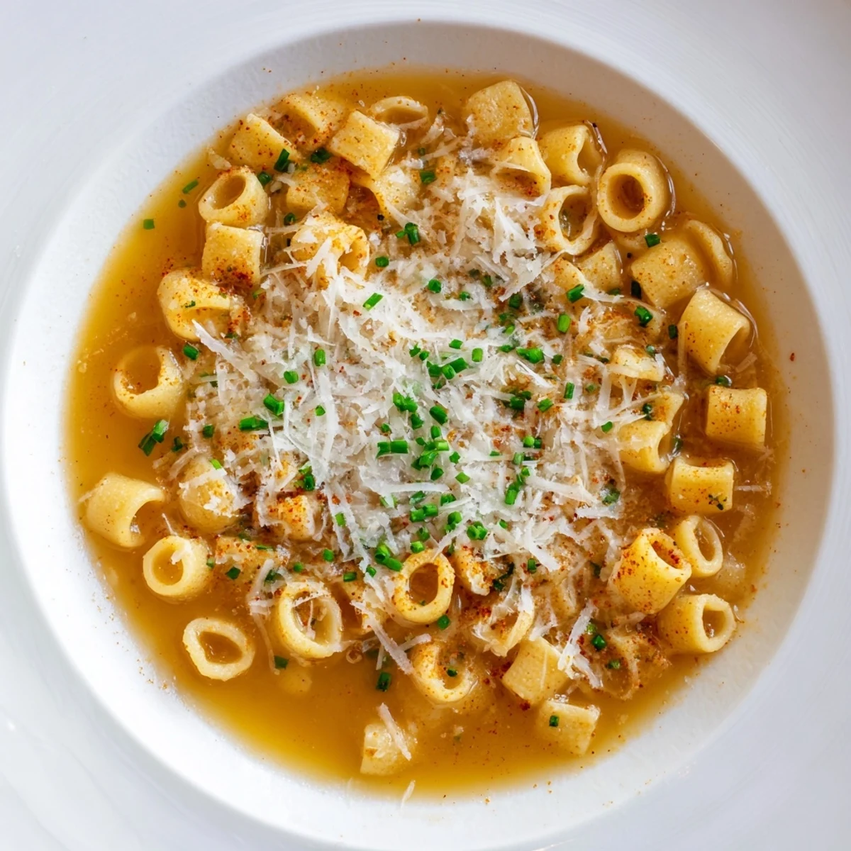 Golden brown Pasta Chip Cereal in a bowl, swimming in rich parmesan broth, ready to eat.