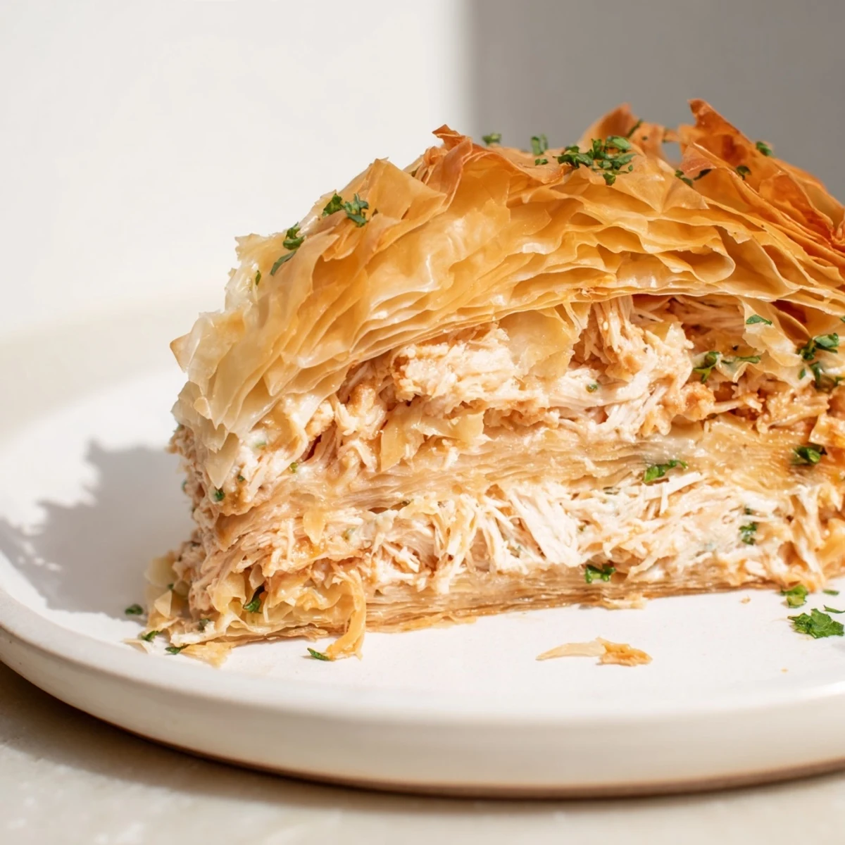 Golden-brown Chicken and Pasta Crinkle Cake, layered with crispy phyllo and creamy filling.