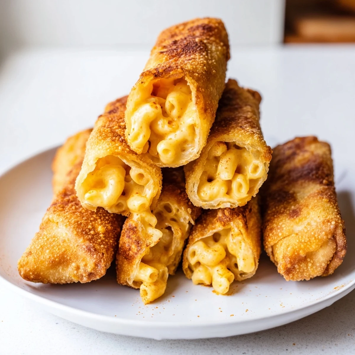 These air-fried Tinis Mac and Cheese Lumpia Rolls look appetizing, with a creamy, cheesy interior.